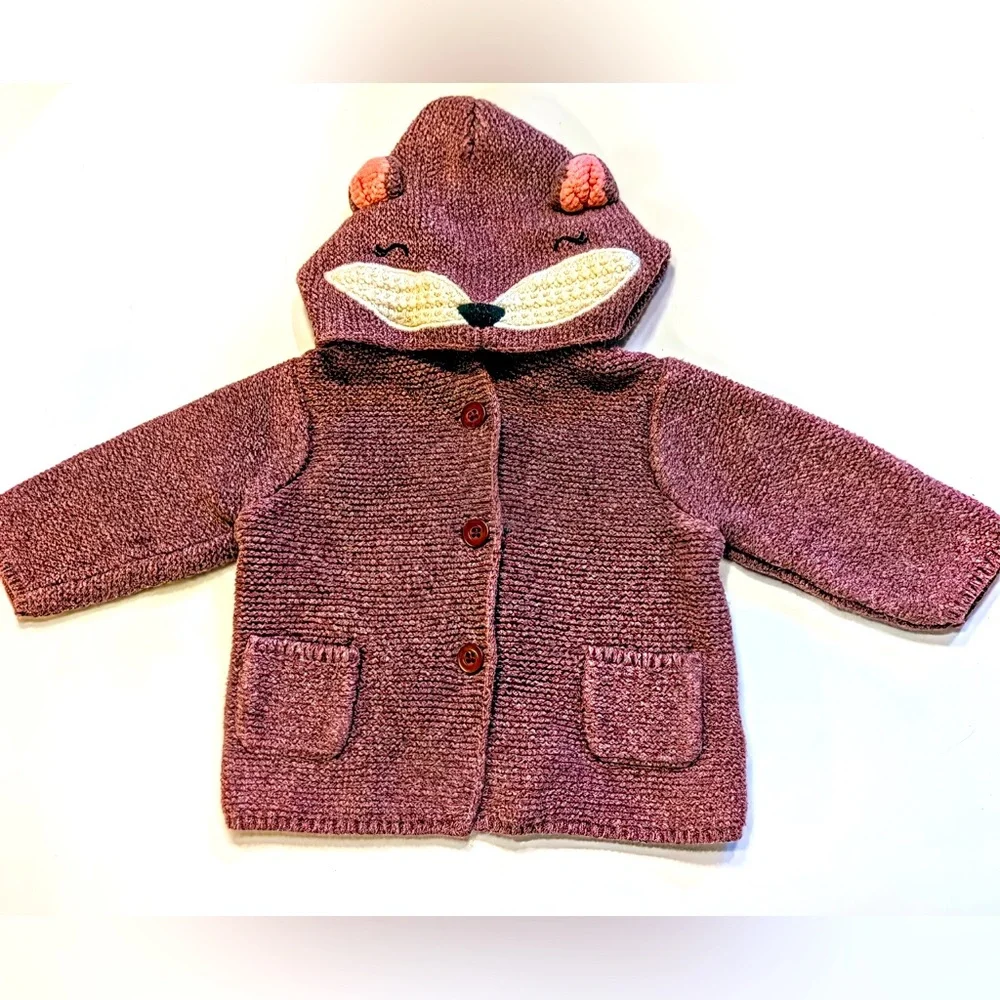 Baby Gap Plum Knit Cardigan size 3-6 Animal Face Hood
